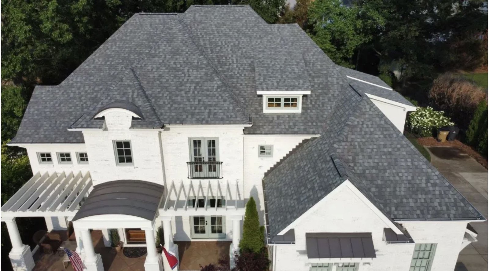 Aerial view of a completed whole-house roof replacement on a luxury Forest Hills home in Nashville